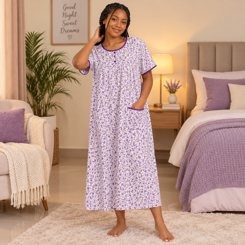 Floral Ditsy Print Cotton Nightgown – Model Shot