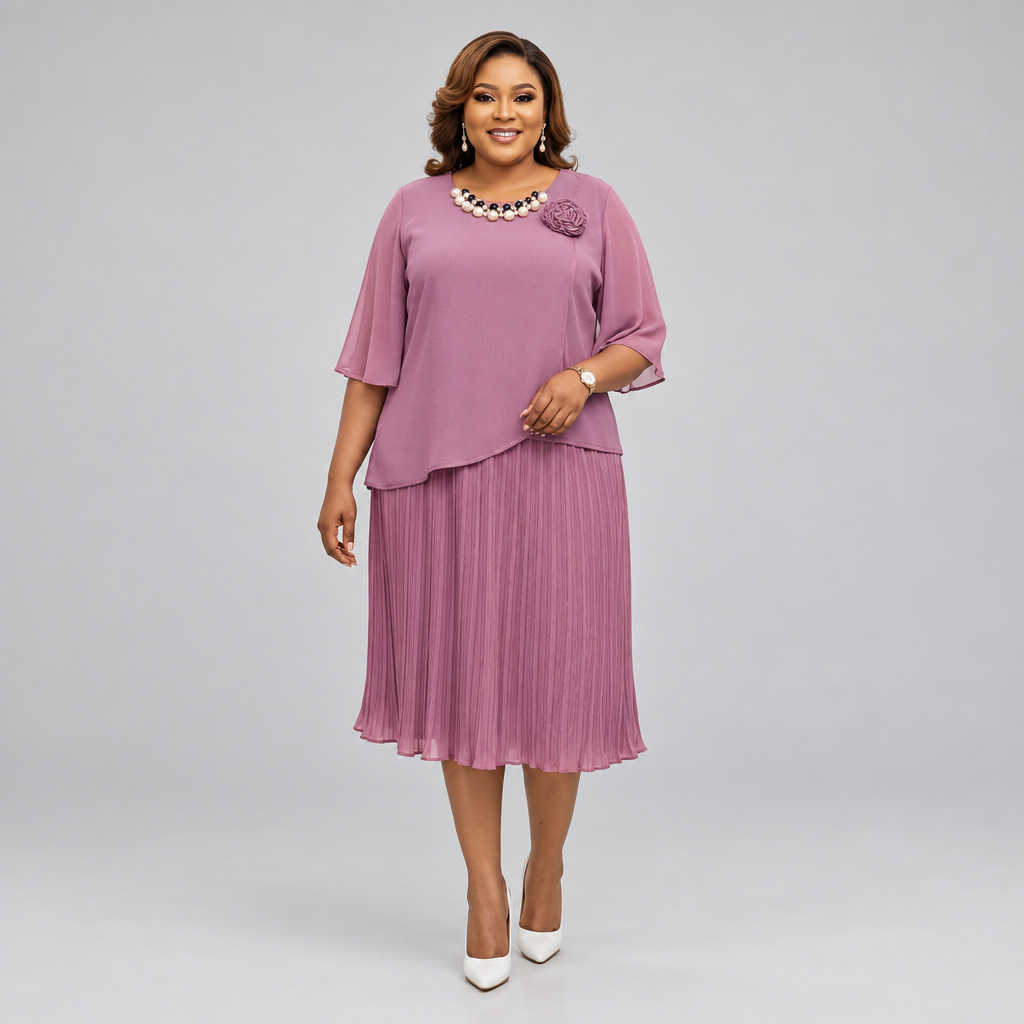 Nigerian model wearing mauve pleated flutter-sleeve midi dress