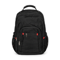 Front view of a black backpack with red accents, silver zipper pulls and mesh side pockets on white