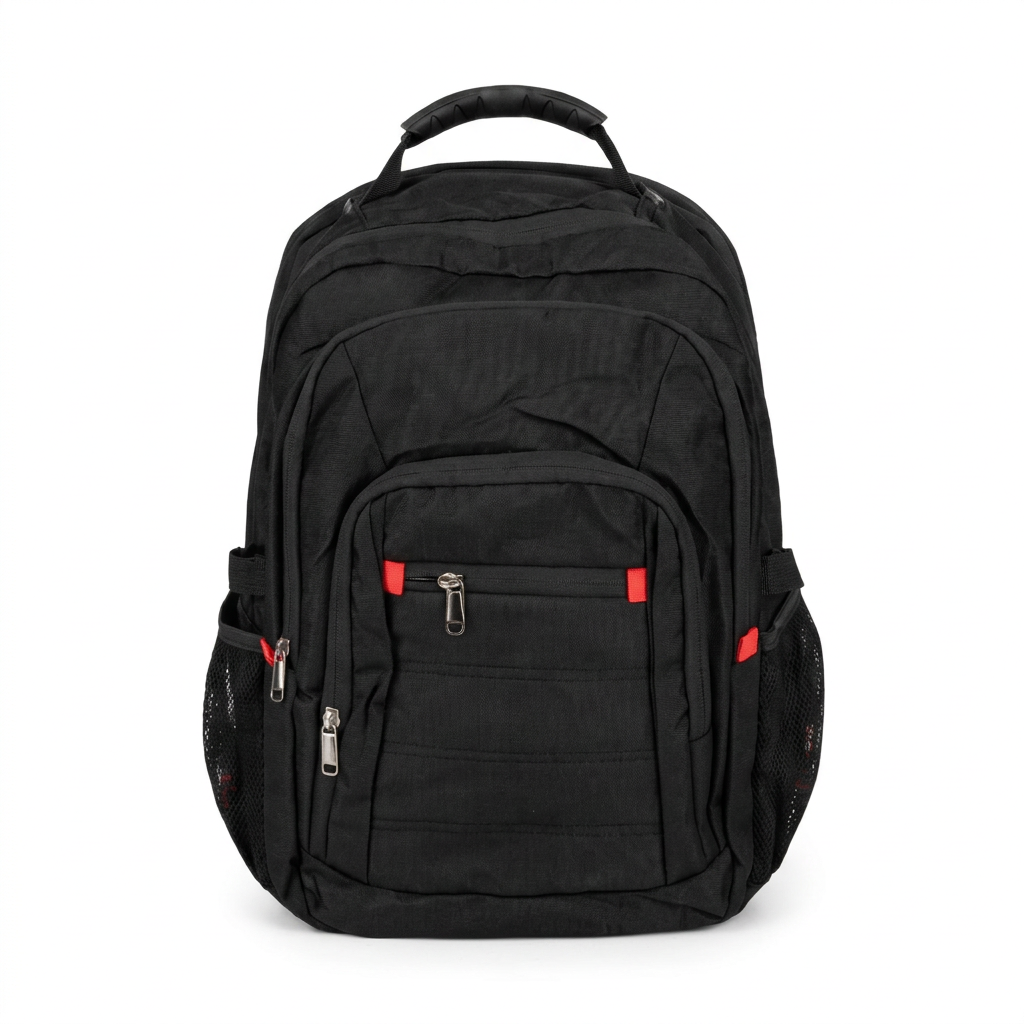 Front view of a black backpack with red accents, silver zipper pulls and mesh side pockets on white