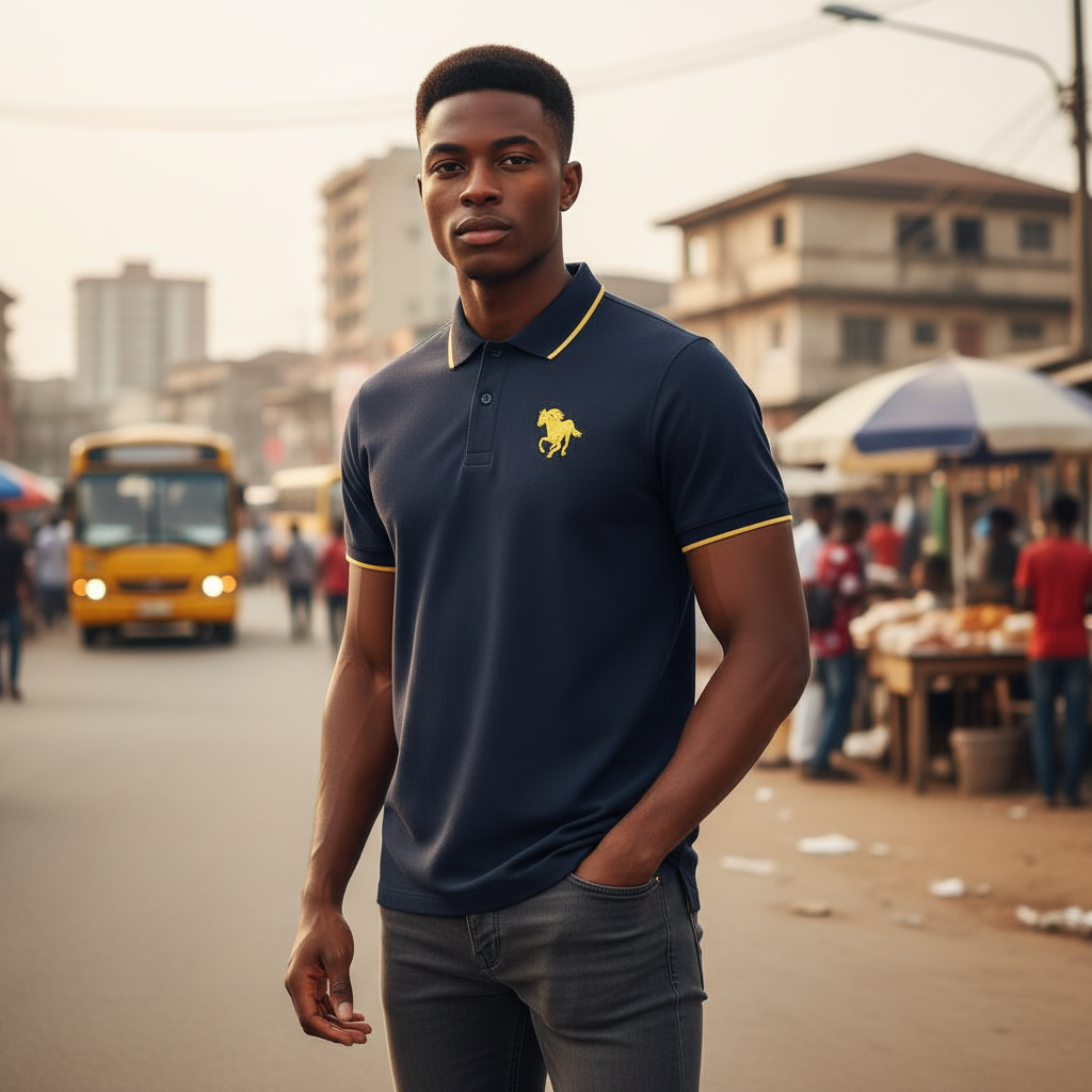 Young Nigerian male model wearing navy polo with gold horse embroidery