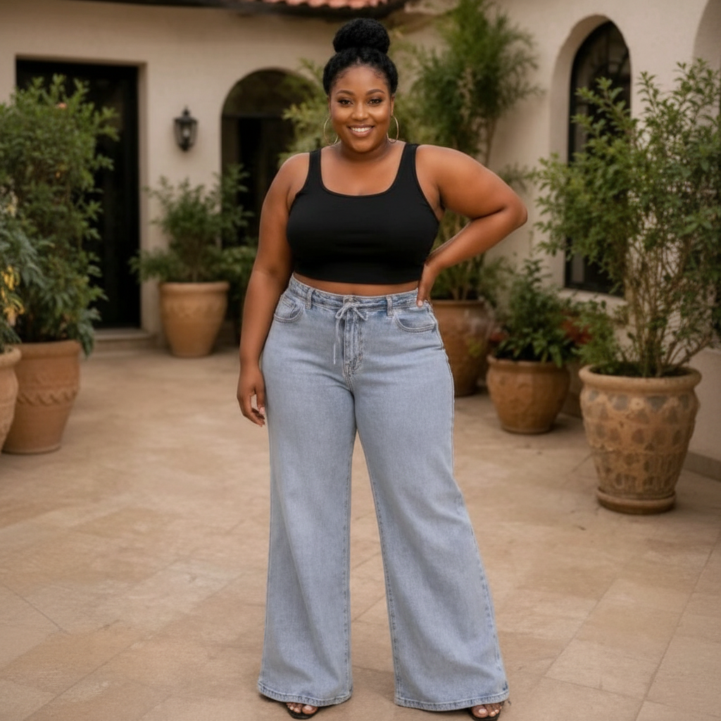 Light Ice-Blue High-Waist Wide-Leg Palazzo Jeans - Model Shot