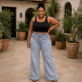 Light Ice-Blue High-Waist Wide-Leg Palazzo Jeans - Model Shot