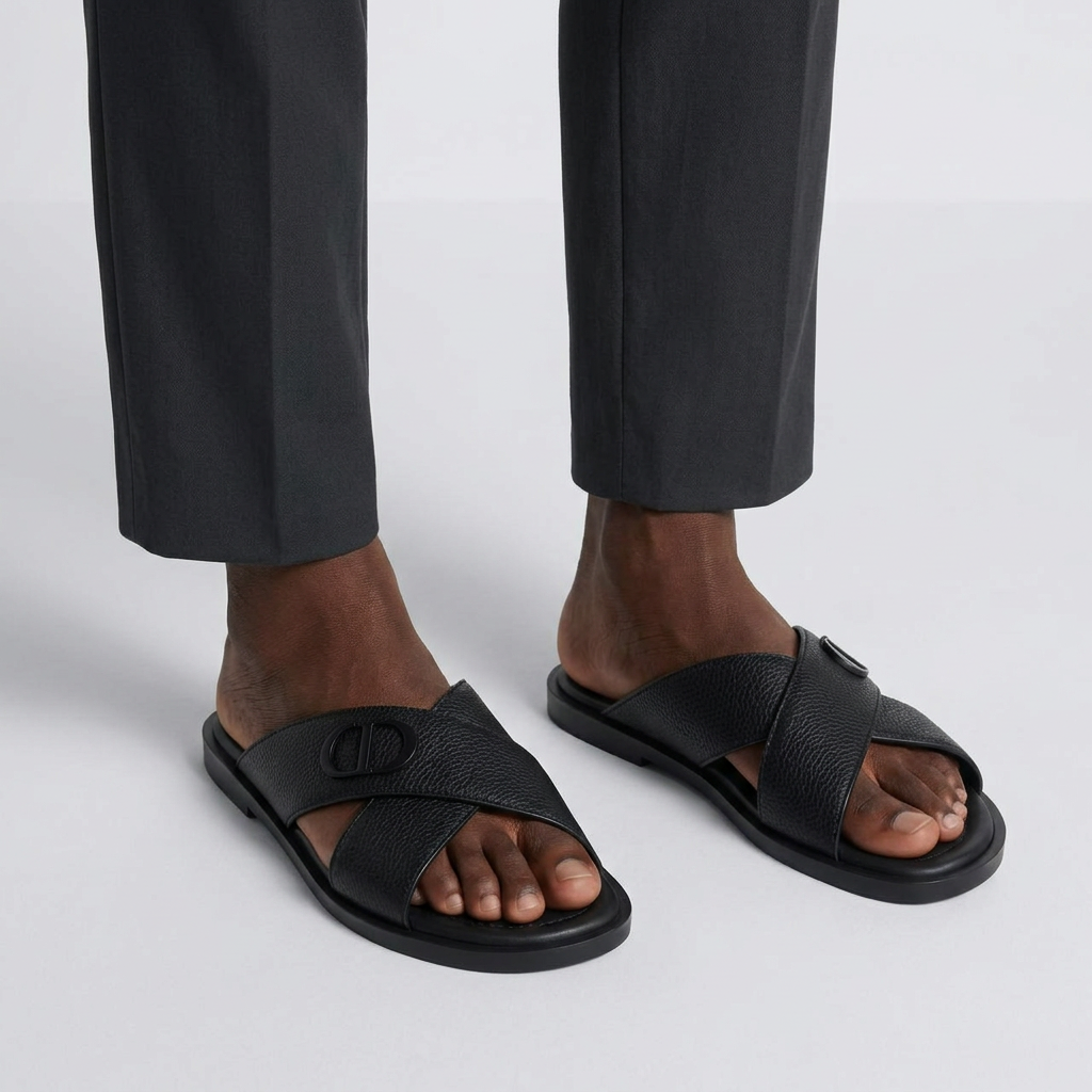 Man wearing black leather cross-strap slide sandals with monogram emblem on a plain studio background