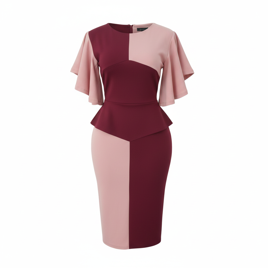 Two-Tone Burgundy & Blush Peplum Bodycon Midi Dress – Ghost Mannequin