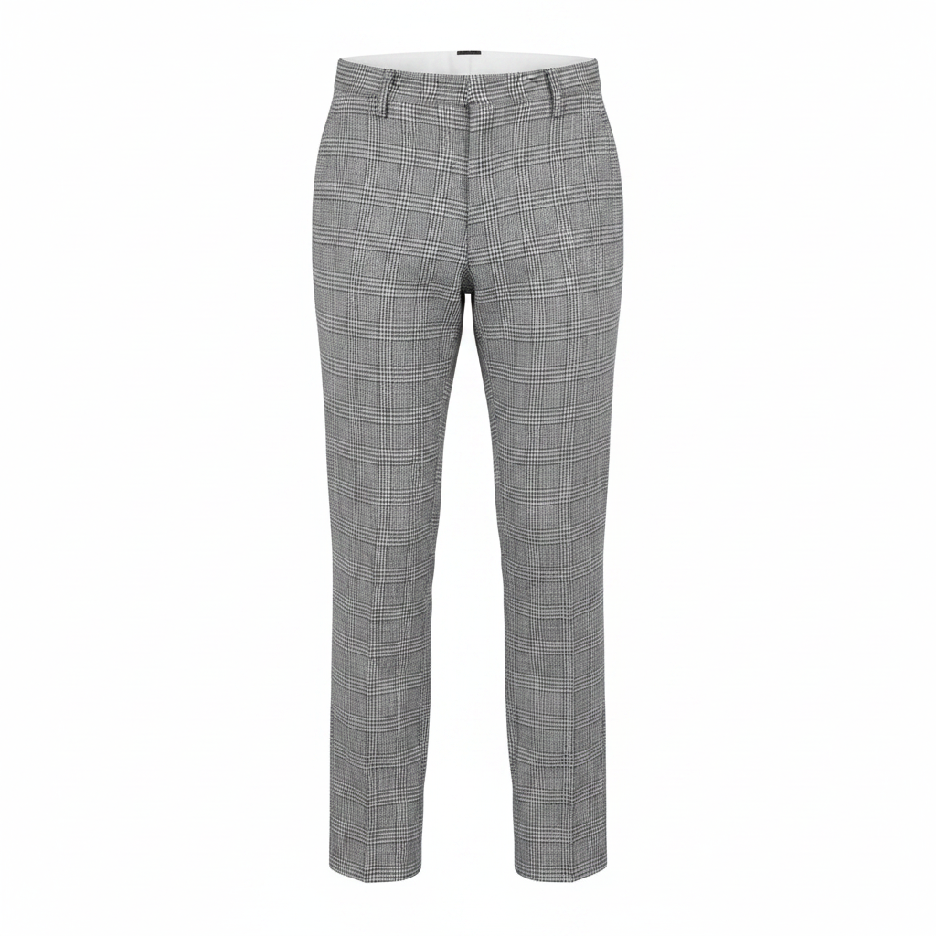 Grey geometric checked trousers on ghost mannequin, white background