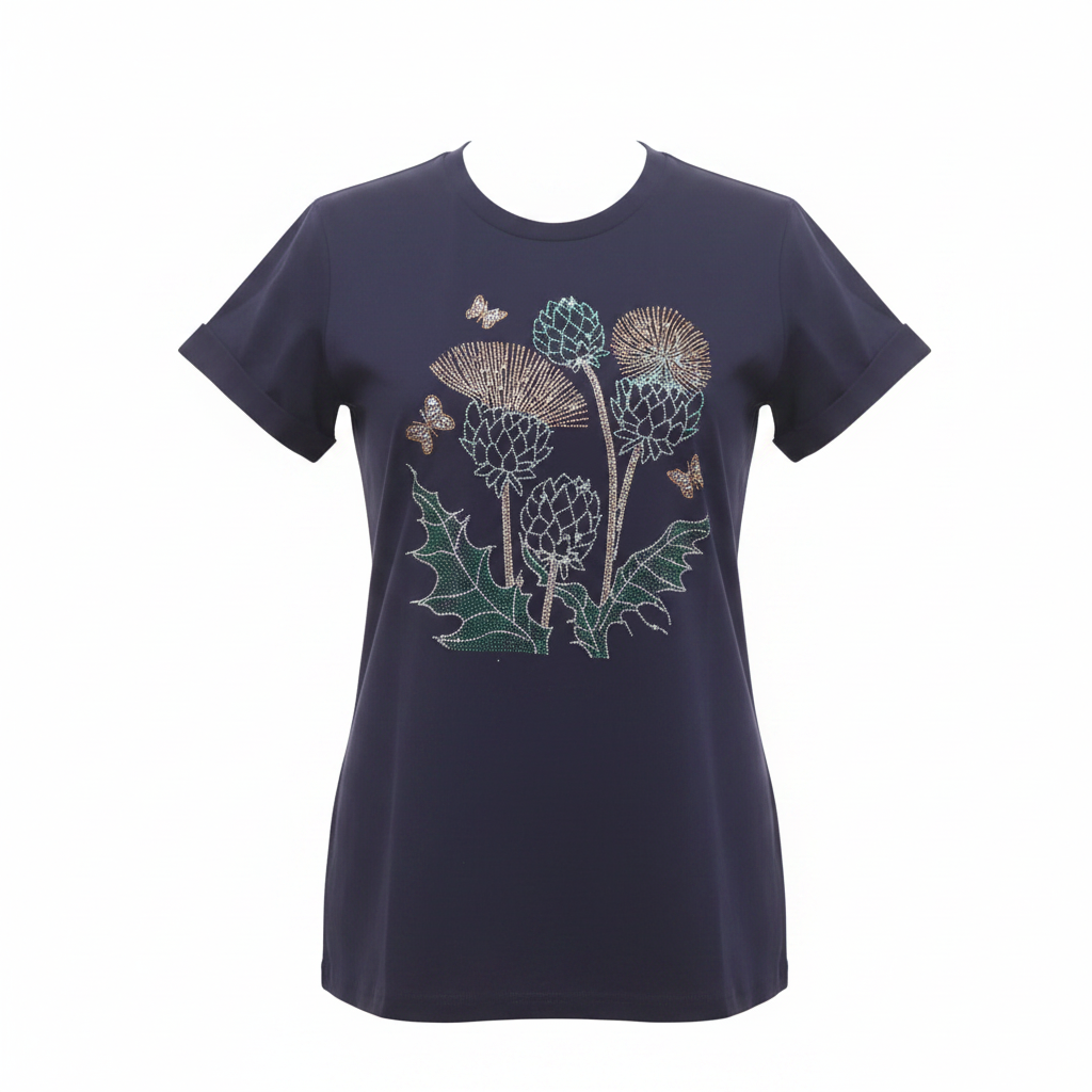 Women's navy rhinestone crystal botanical thistle butterfly crew neck tee - ghost mannequin front view
