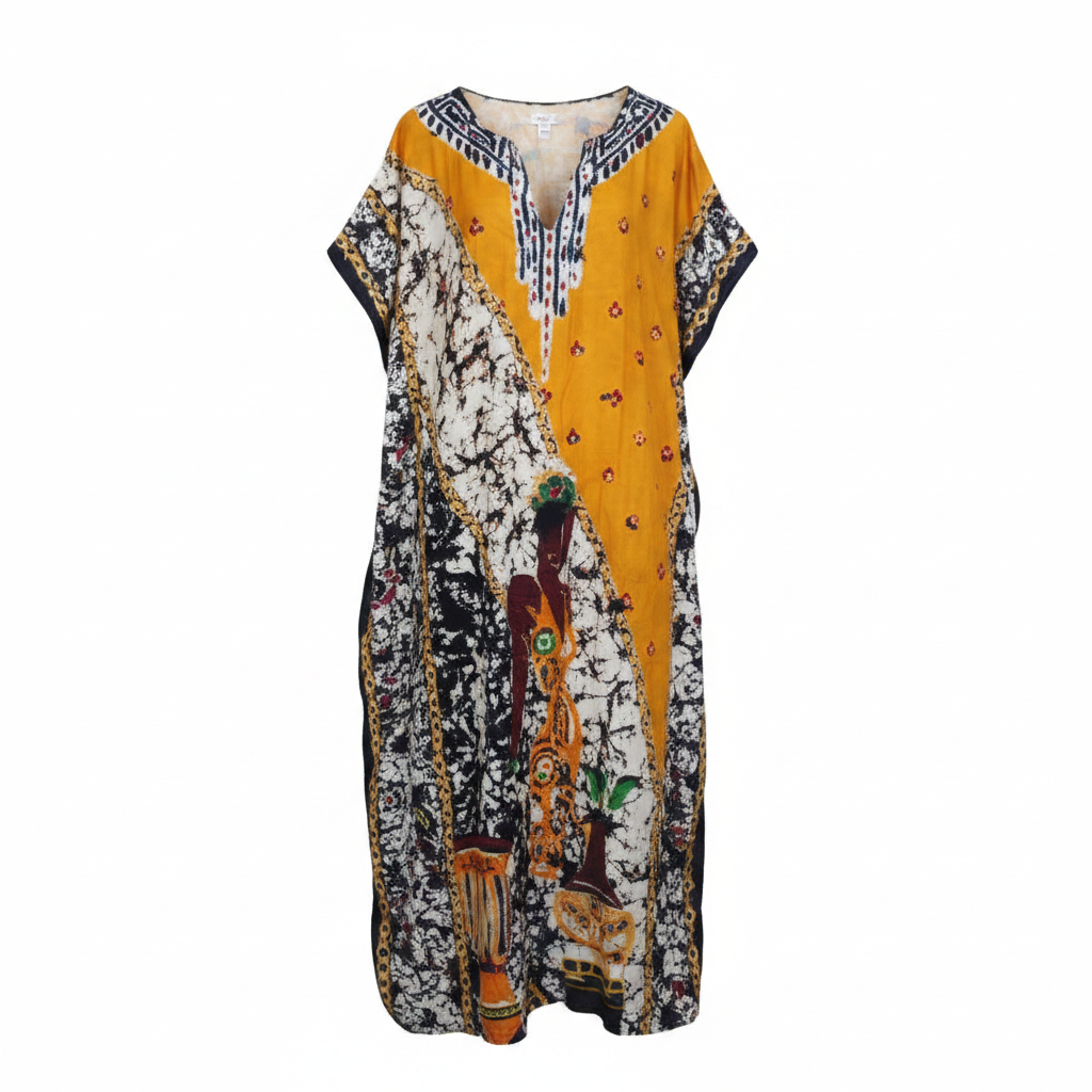 Ghost mannequin view of women's mustard and print panel bubu kaftan dress