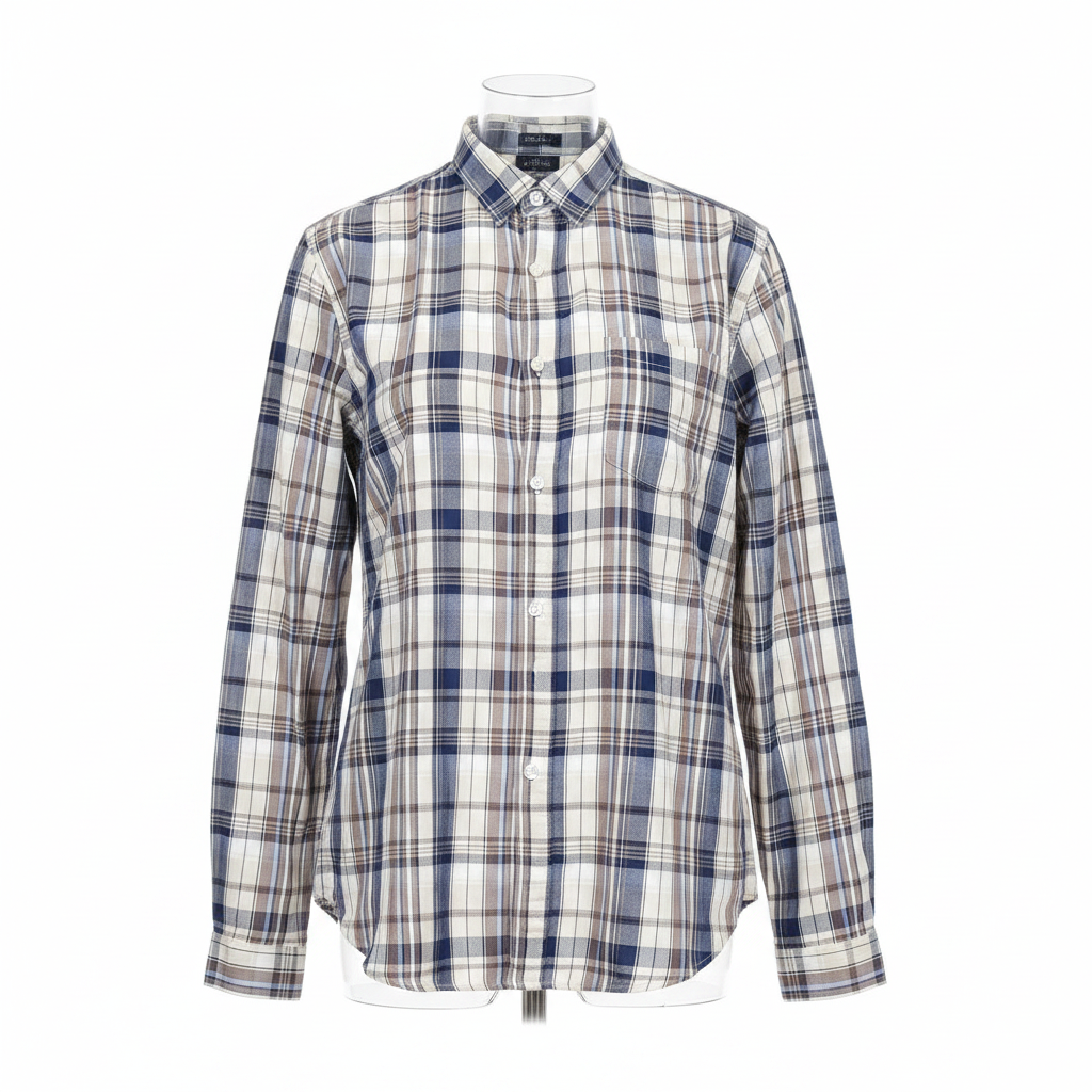 White navy blue plaid long-sleeved shirt ghost mannequin front view