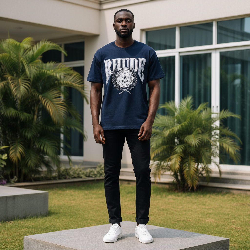 Nigerian male model wearing men's navy blue collegiate crest graphic short-sleeve tee full body streetwear editorial shot