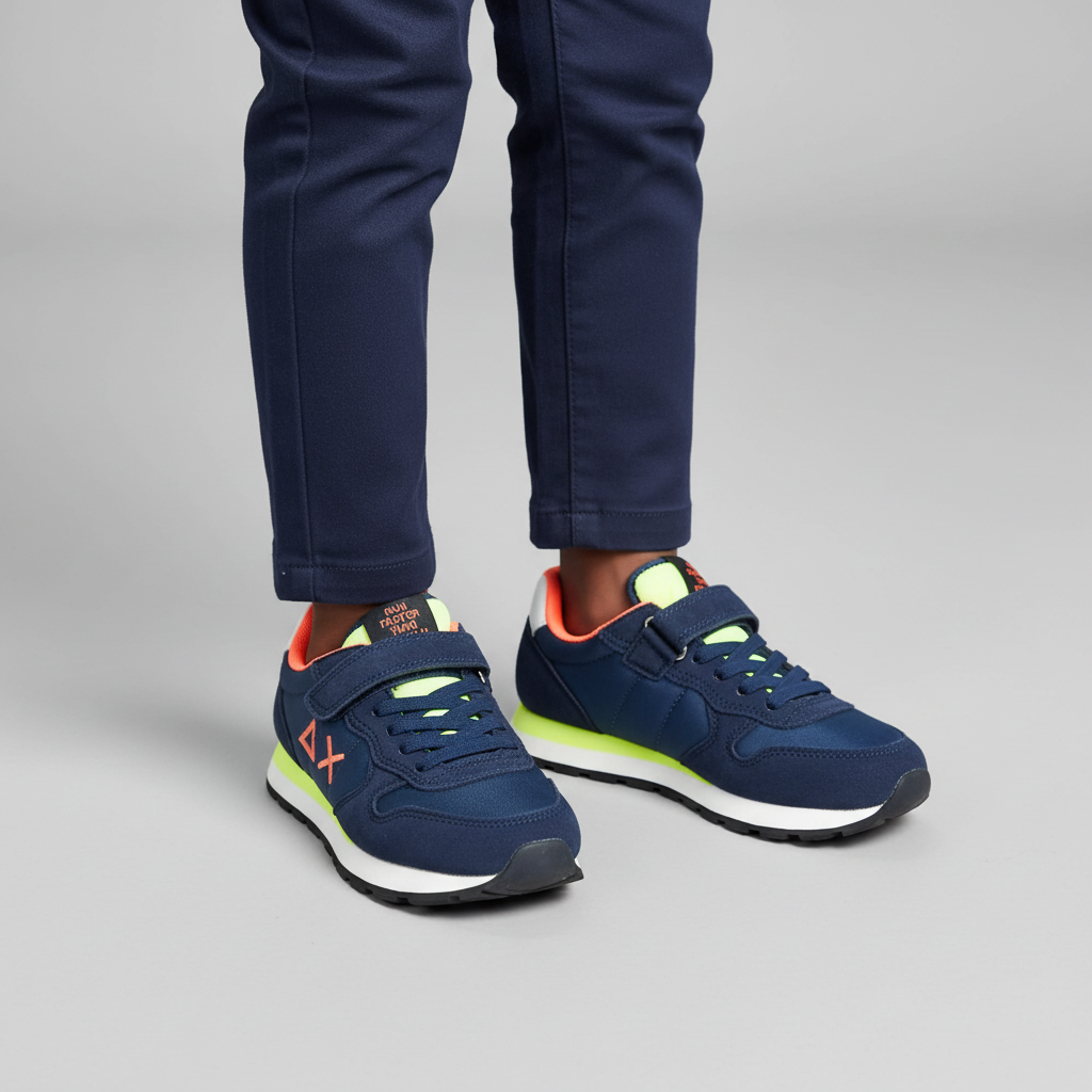Kids' Navy Blue Velcro Strap Sneaker - Model Editorial Leg Zoom