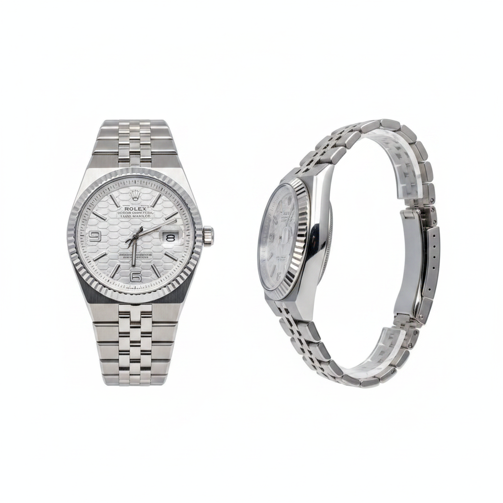 Silver honeycomb dial steel couple watch — ghost mannequin front and side view