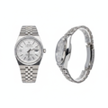 Silver honeycomb dial steel couple watch — ghost mannequin front and side view