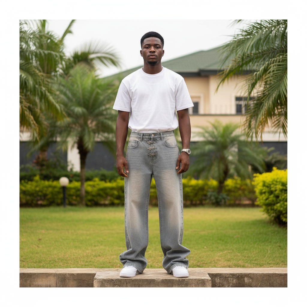 Nigerian male model full body wearing men's grey washed cross hardware wide-leg flared jeans