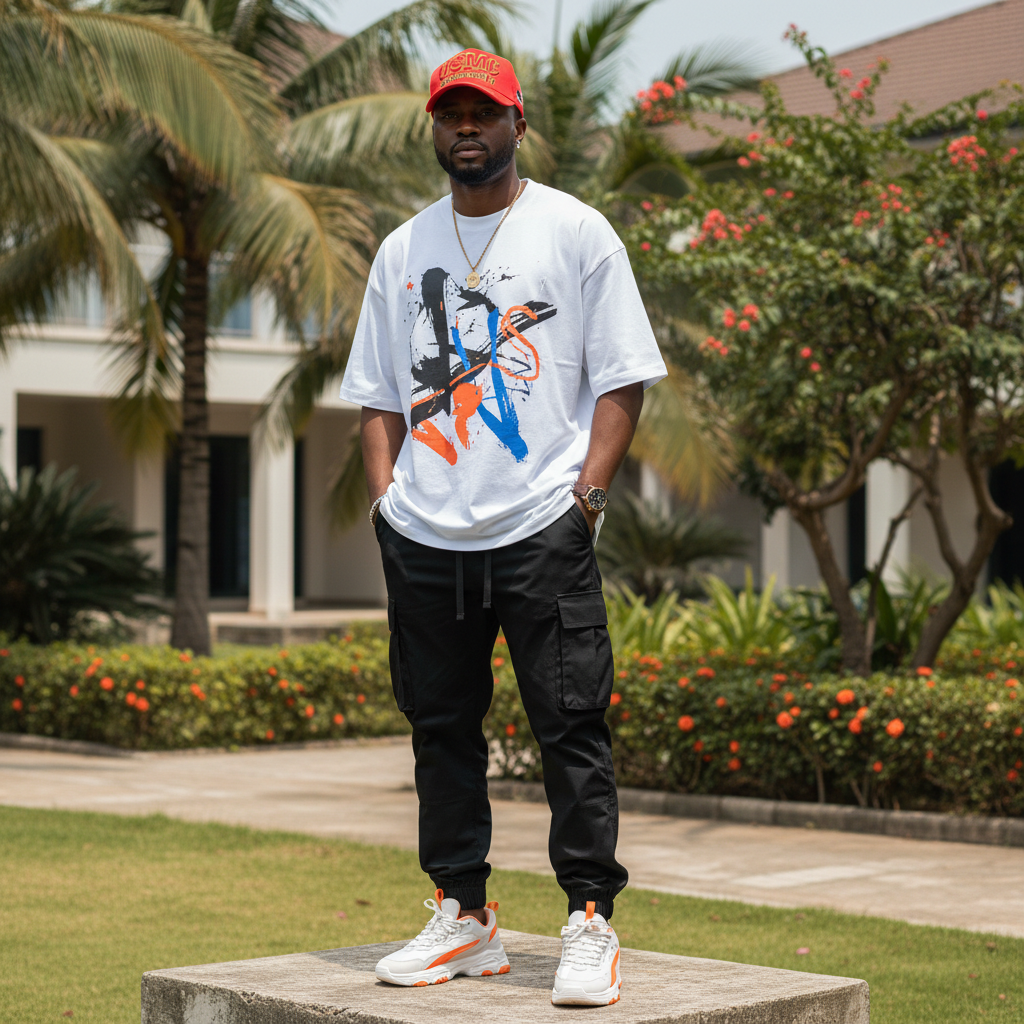 Nigerian male model wearing red embroidered graphic baseball cap — full body street style shot