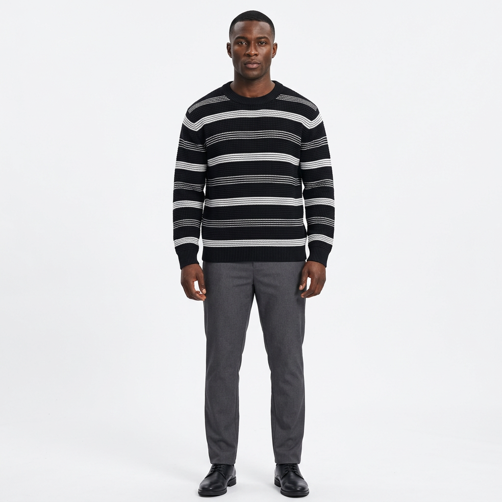 Full-body male model wearing a black and white striped knit sweater