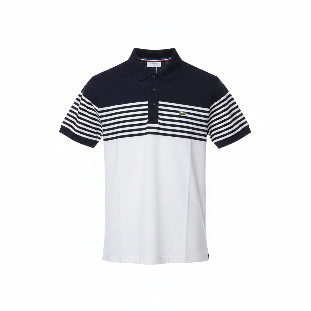 Men's white and navy colour-block striped polo shirt, ghost mannequin front view