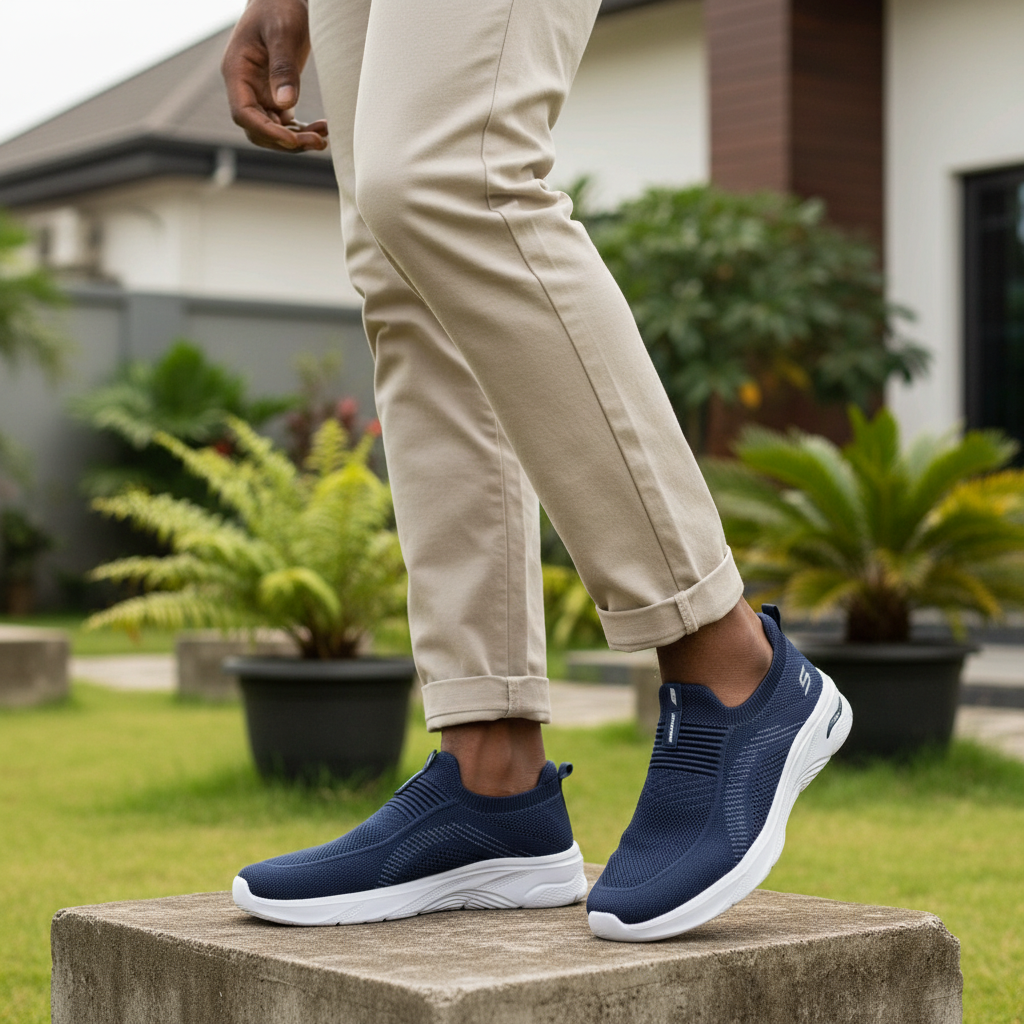 Nigerian male model leg focus wearing navy blue knit slip-on sneakers