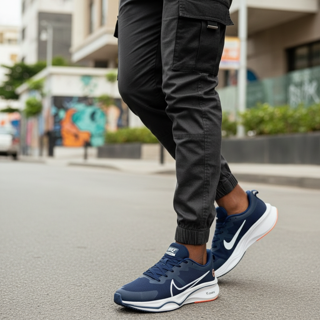 Nigerian male model wearing Nike ZoomX navy blue running sneakers, leg focus lifestyle shot
