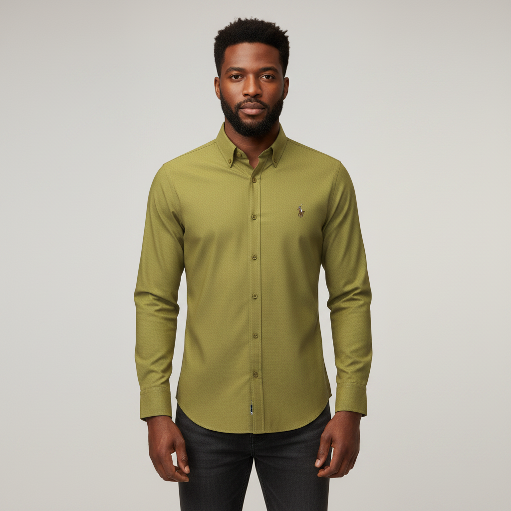 Nigerian adult male model wearing Olive Green Long Sleeve Shirt – Front View