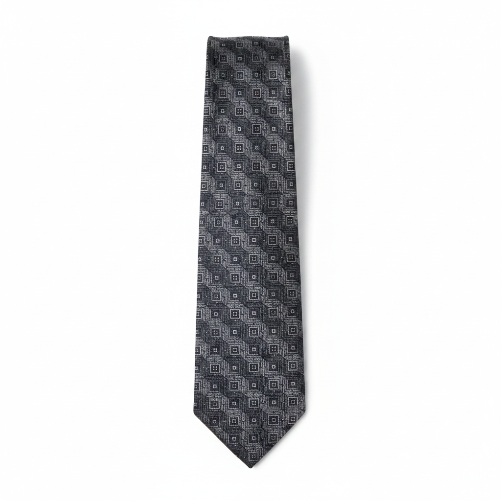Men's dark charcoal grey tonal geometric diamond dot woven necktie flat lay product shot