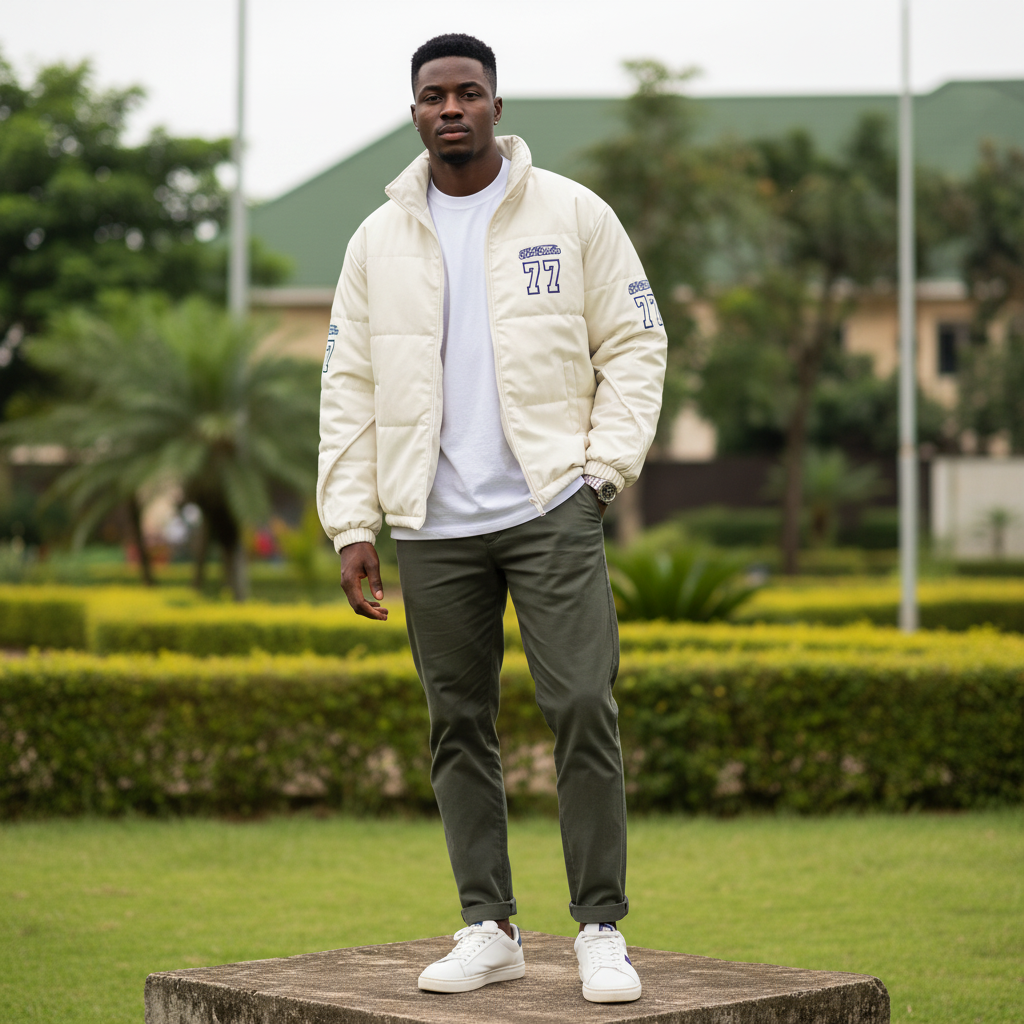 Men's Cream Faux Leather Varsity Padded Puffer Jacket – Nigerian Male Model Shot