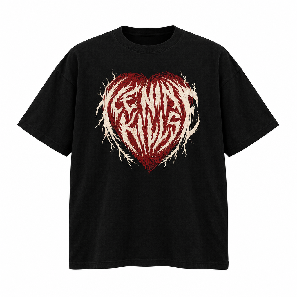 Gothic dark red heart graphic oversized black tee ghost mannequin on white background