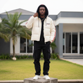 Men's Cream Puffer Jacket with Red Stripe Detail – Nigerian Male Model