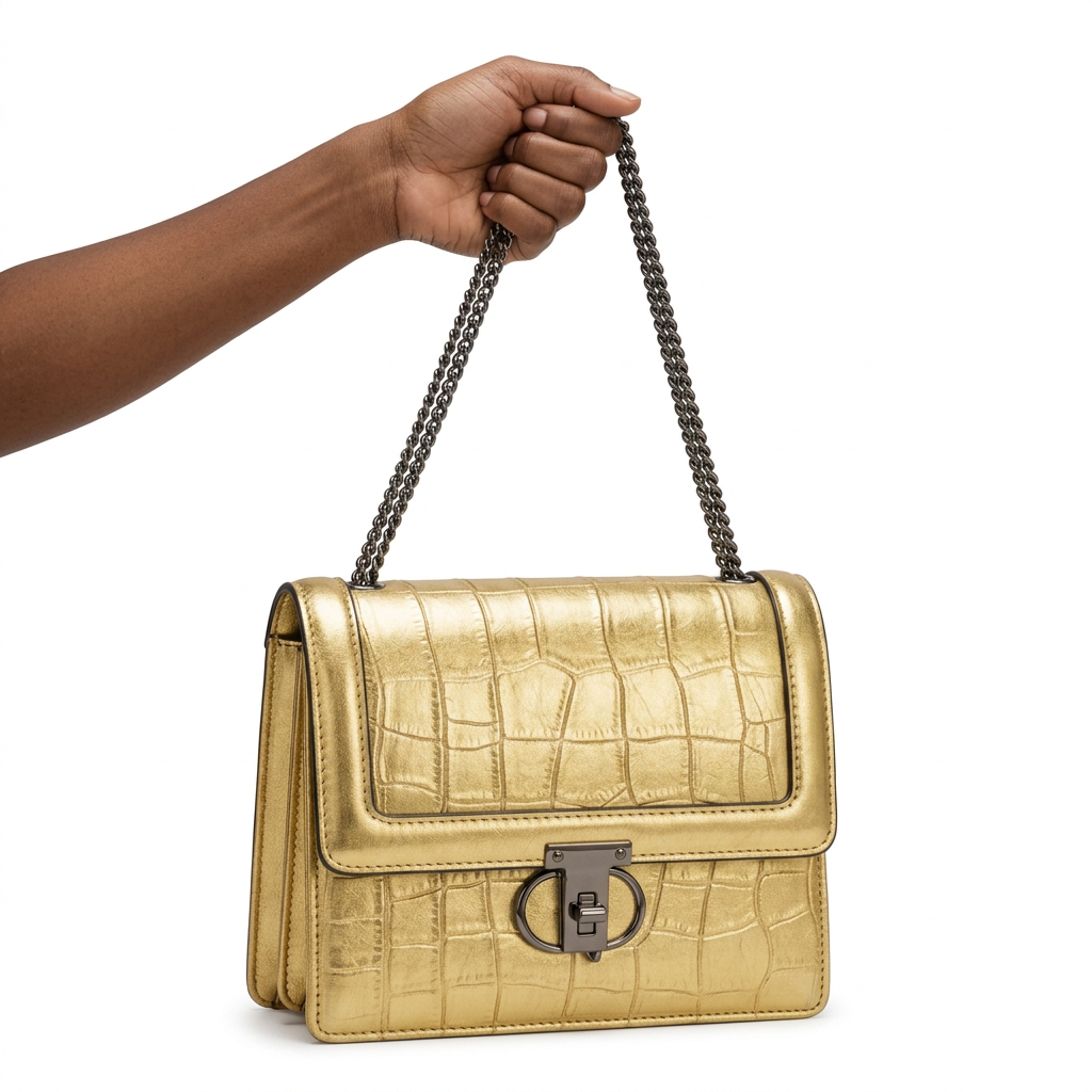 Black woman’s hand holding a gold croc-effect bag by its chain strap