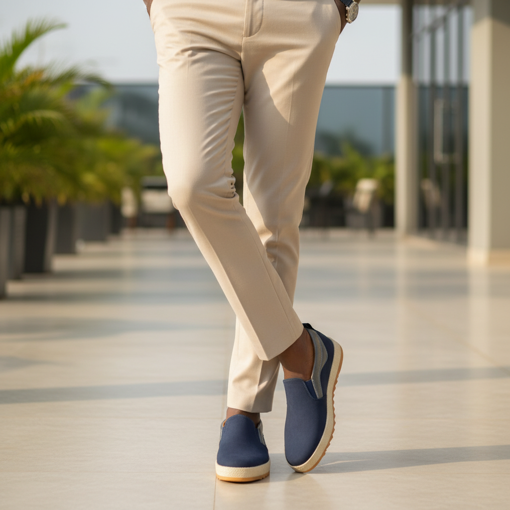 Nigerian male model wearing Geoxer navy blue slip-on loafers, smart-casual leg focus lifestyle shot