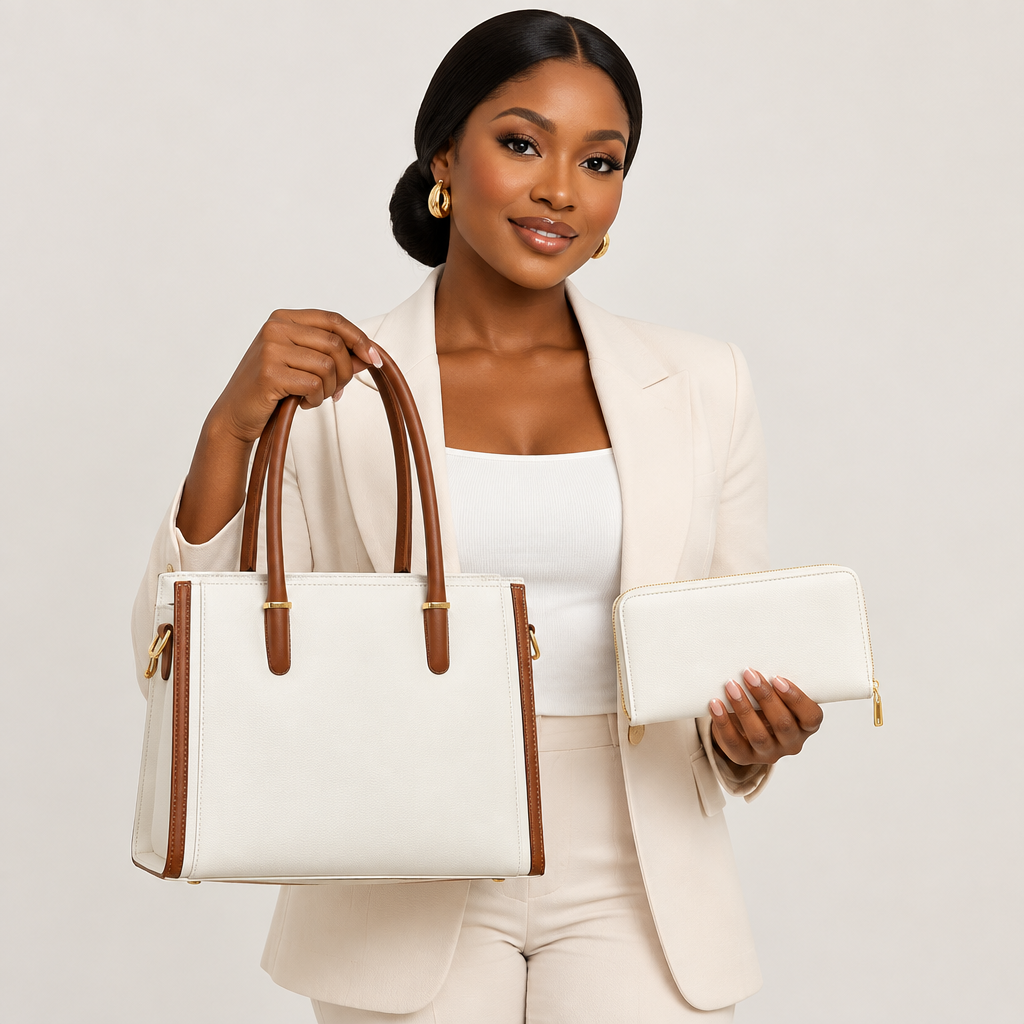 Nigerian model holding ivory tote and matching purse against plain background