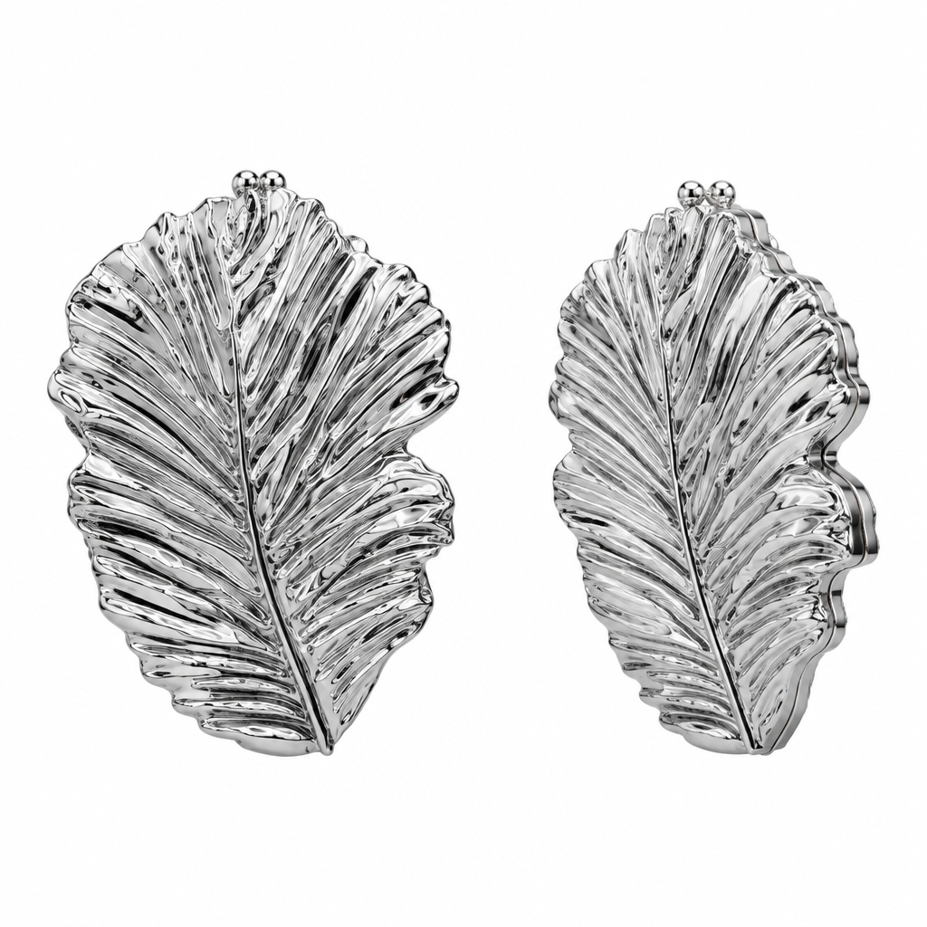 Silver leaf metallic clutch purse ghost mannequin front and angle view