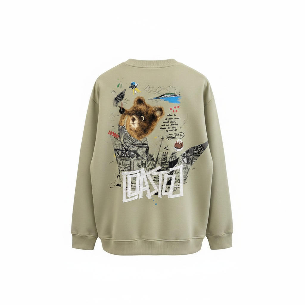 Ghost mannequin sage green DASTO bear graphic sweatshirt back view
