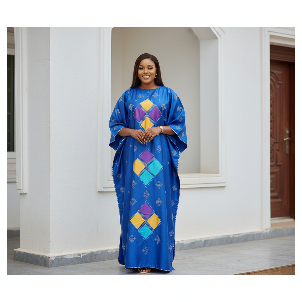 Royal Blue Diamond Patchwork Satin Kaftan - Front Model View