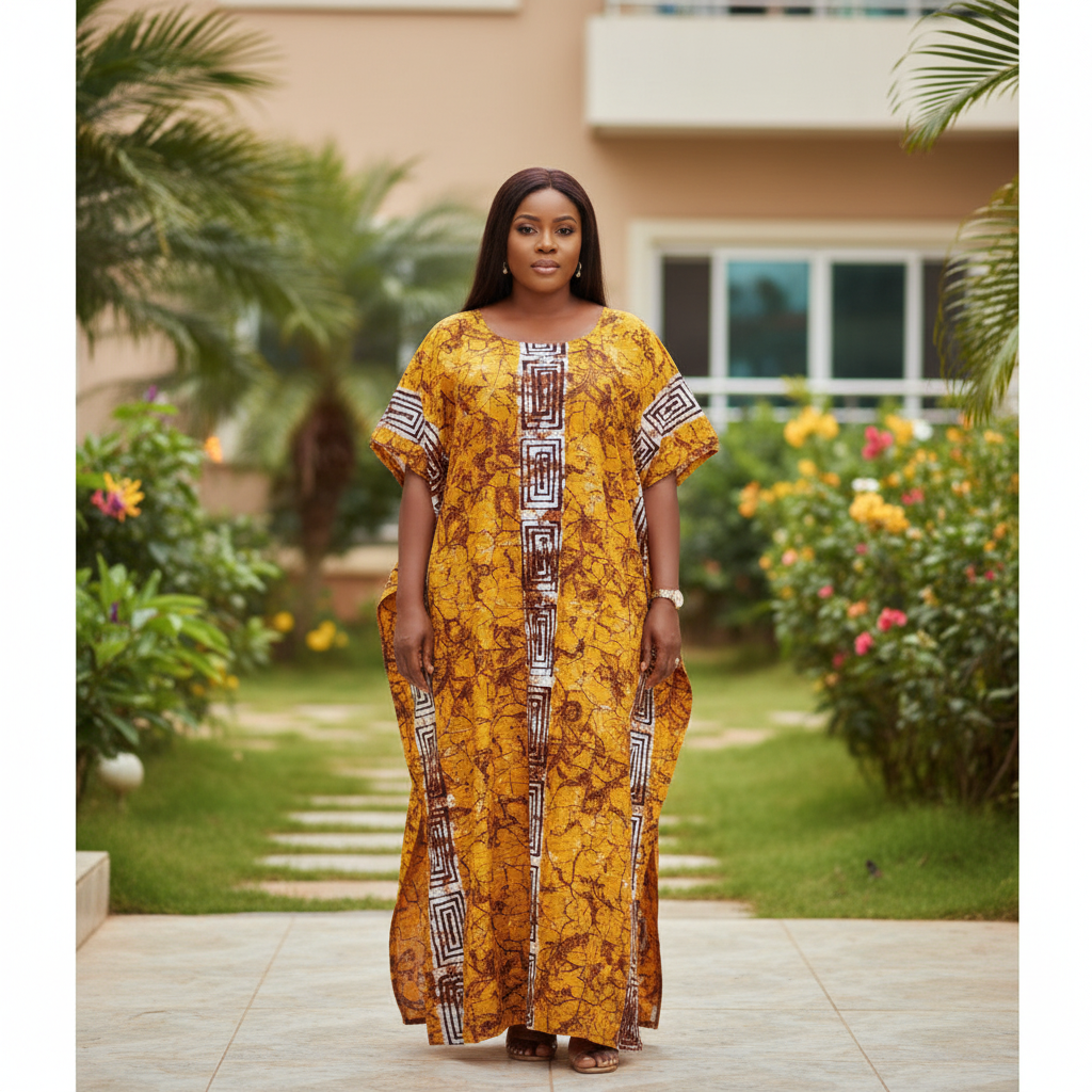 Nigerian woman wearing mustard yellow floral bubu dress with geometric border in garden setting