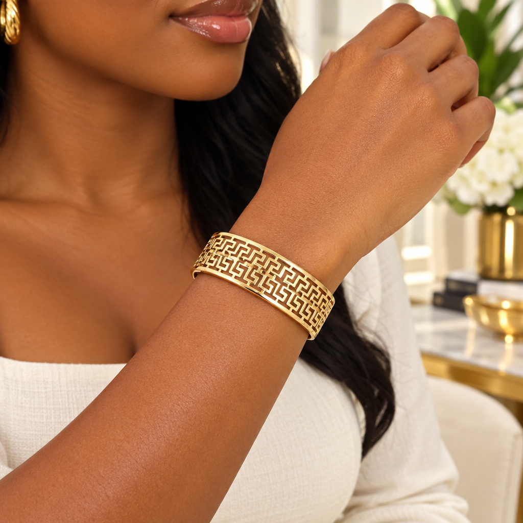 Gold Greek Key Lattice Wide Hinged Bangle – Model Shot