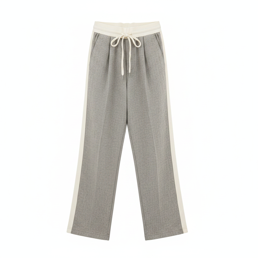 Men's greige herringbone contrast waistband drawstring trousers on ghost mannequin