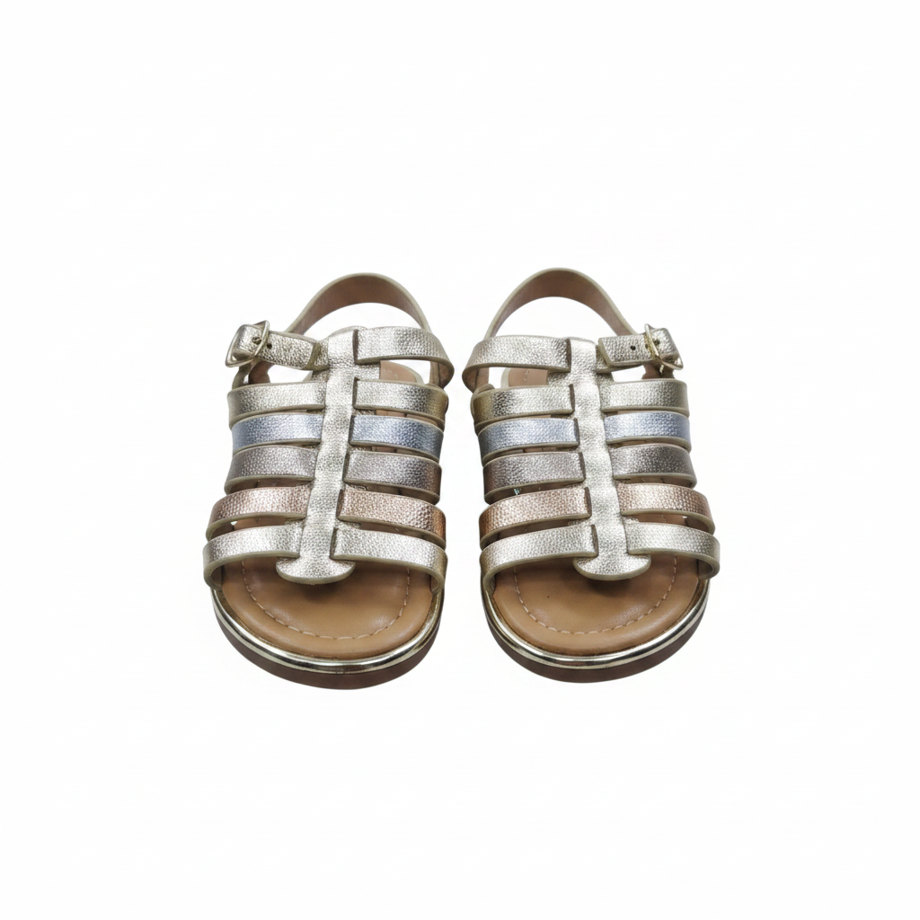 Kids gold metallic multi-strap gladiator sandal ghost mannequin pair view