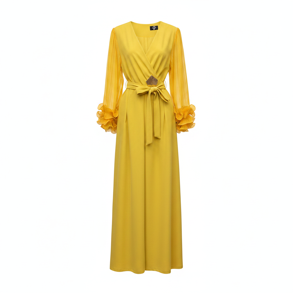 Women's long-sleeve ruffle-cuff wrap maxi dress in yellow – ghost mannequin front view
