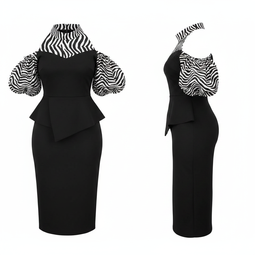 Women's Black Stripe Cold Shoulder Puff Sleeve Peplum Midi Dress – Ghost Mannequin Front and Side View
