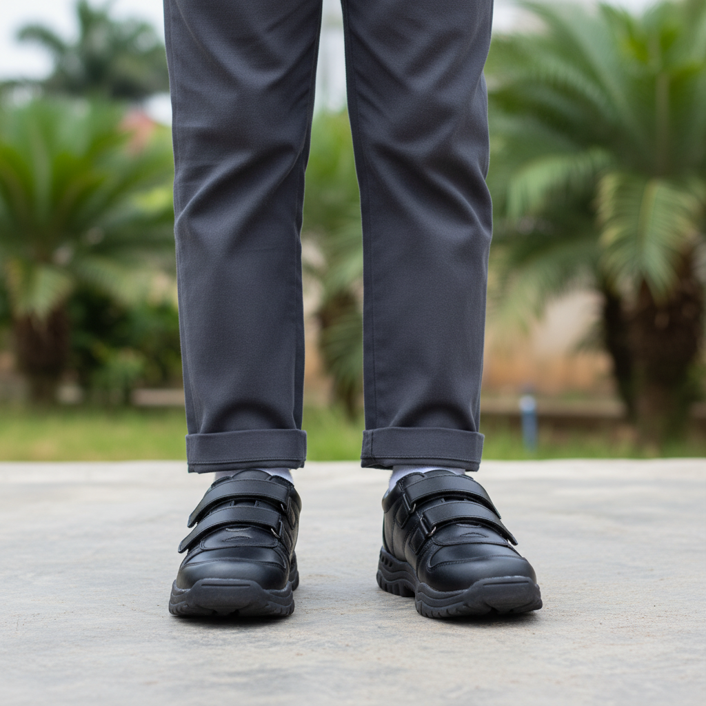 Kids black double velcro school shoe — model leg focus shot, both feet