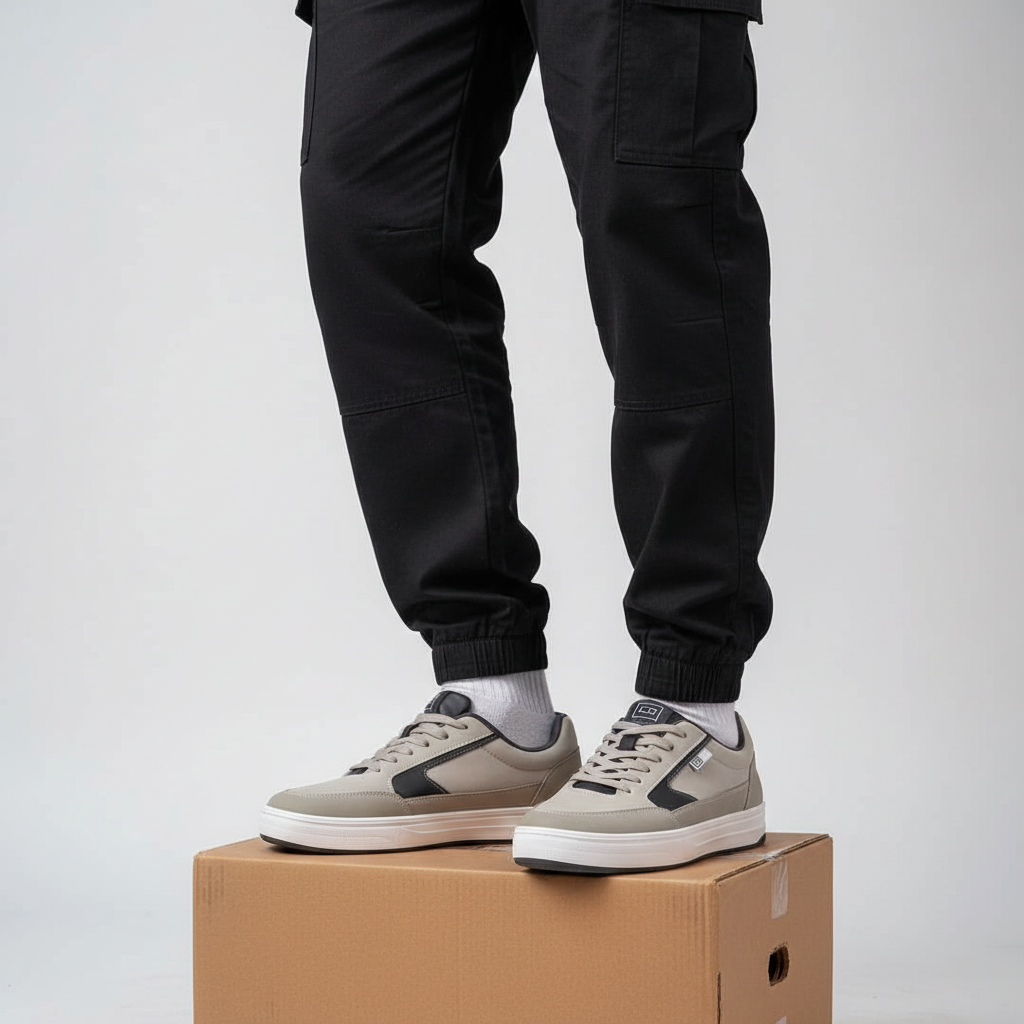 Men's cool grey and black low-top court sneakers Nigerian male model leg shot