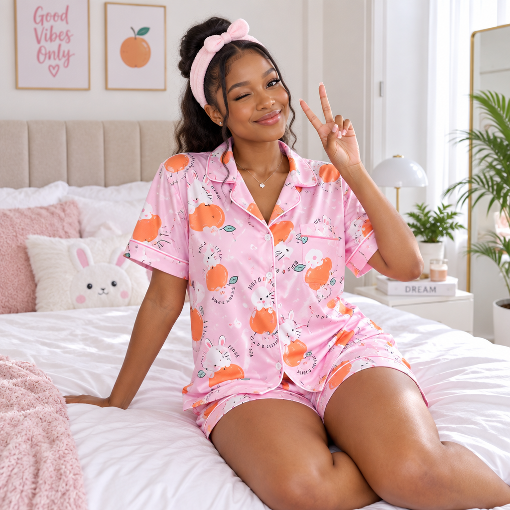 Pink Bunny Print 3-in-1 Adult Pyjama Set – Model Shot