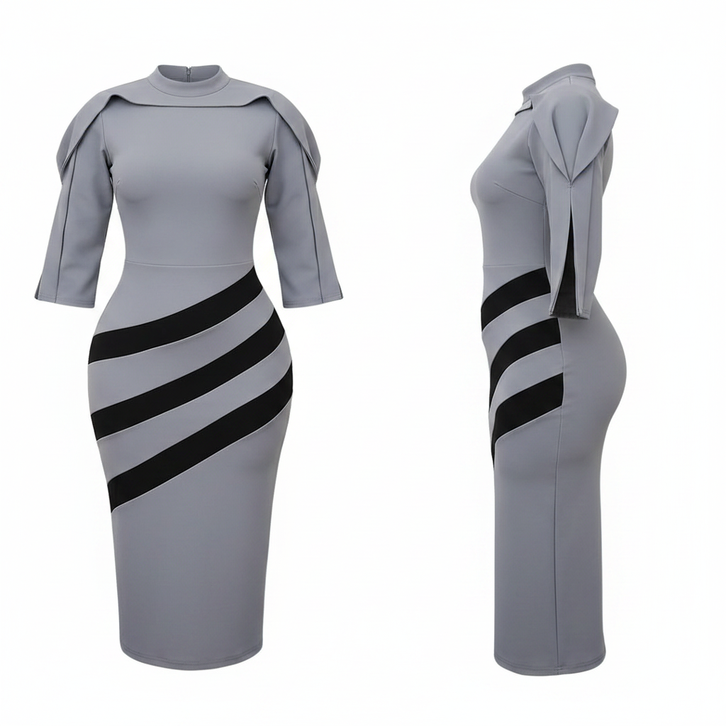 Women's Grey & Black Stripe Bodycon Midi Dress – Ghost Mannequin Front and Side View