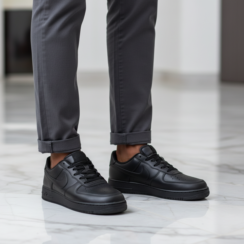 Young Nigerian man wearing all-black low-top leather sneakers, indoor marble floor