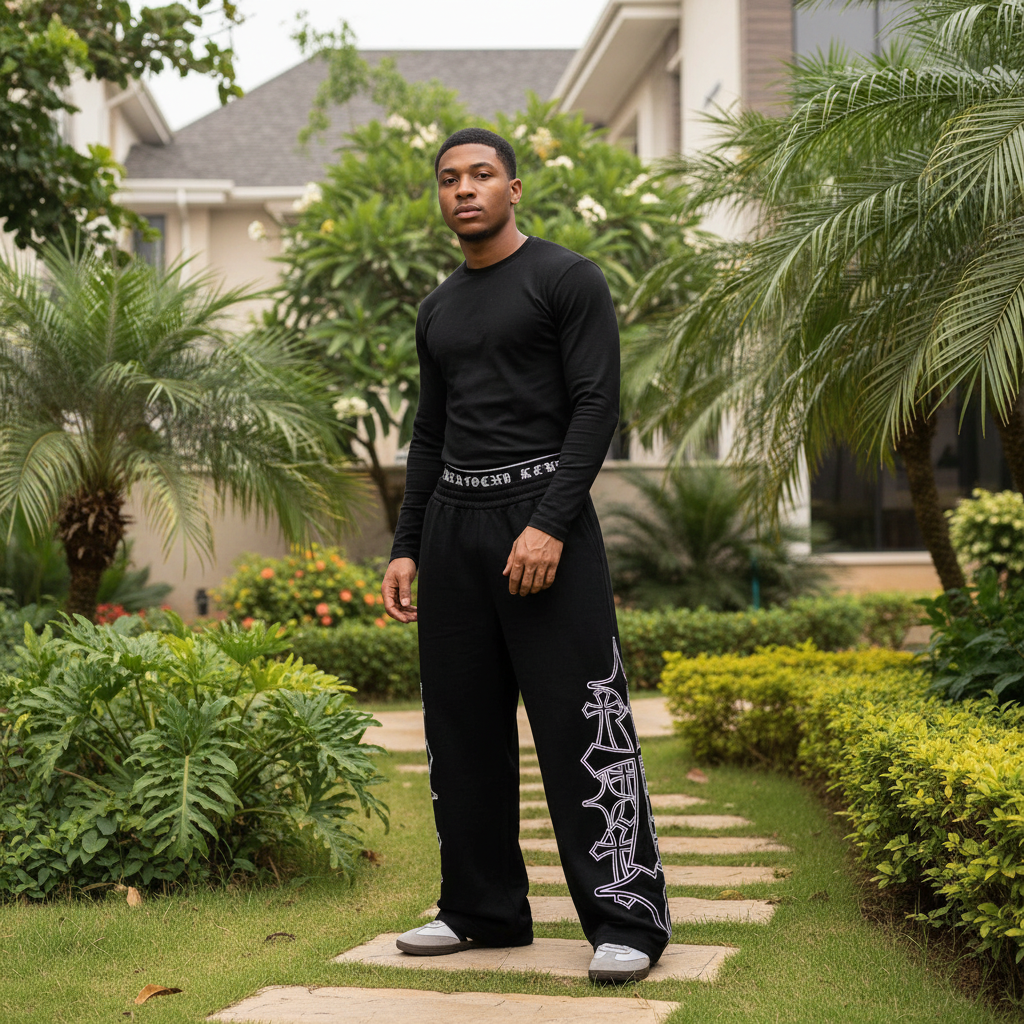 Nigerian male model wearing black graphic wide-leg joggers, streetwear style