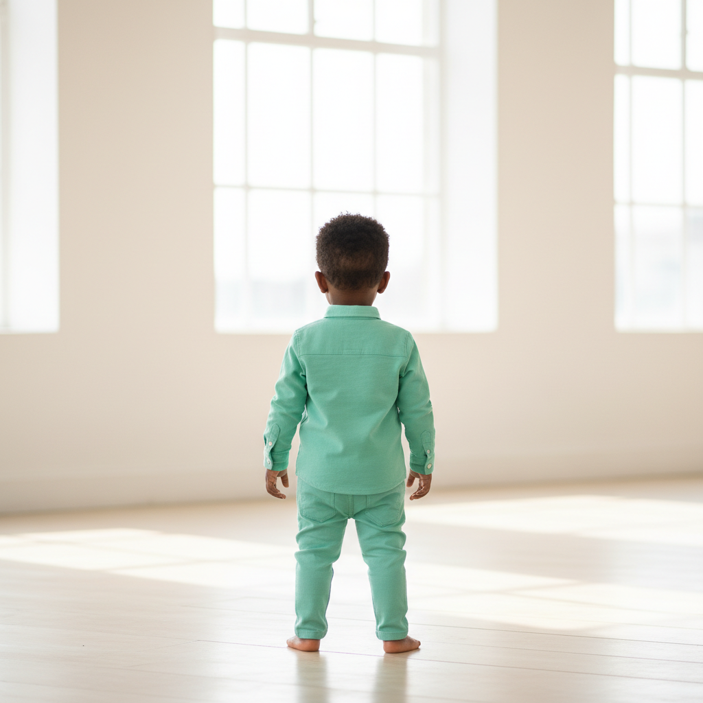 Nigerian toddler boy wearing mint green tropical print shirt - back view