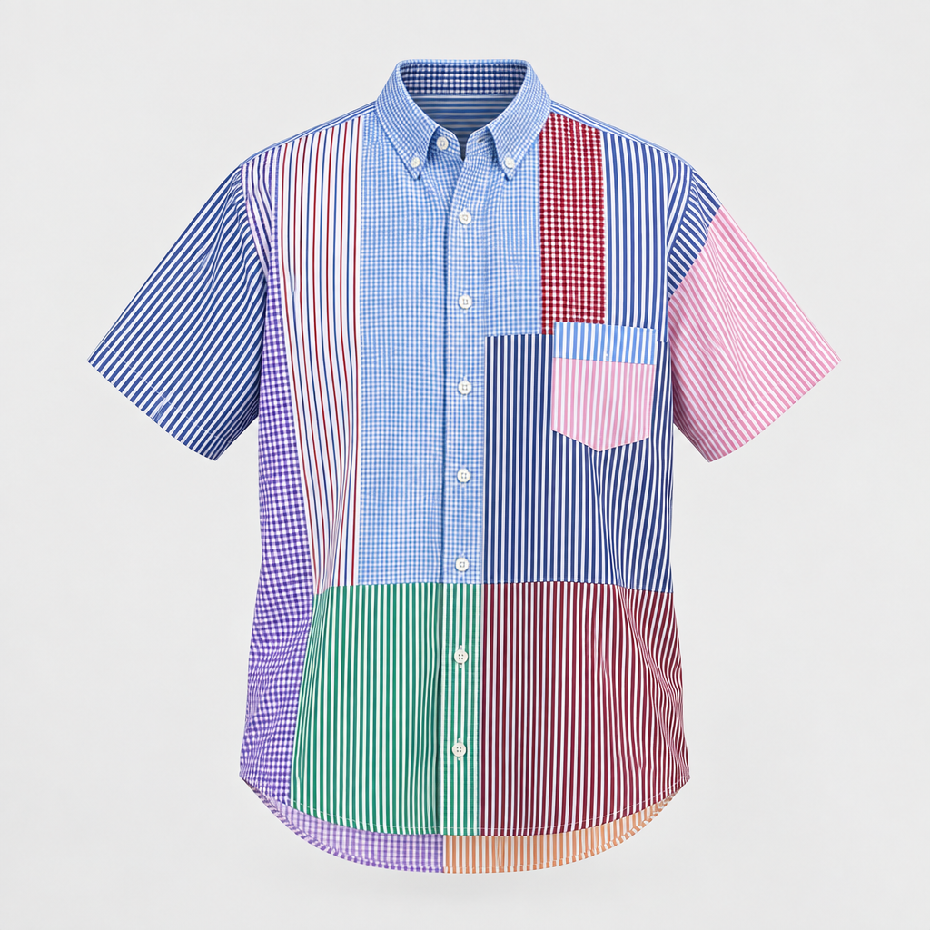Multicolor patchwork short-sleeve shirt, ghost mannequin front view