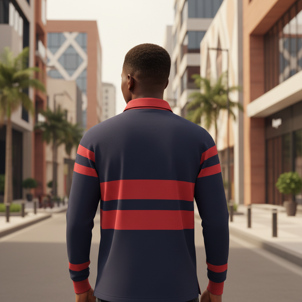 Young Nigerian male model wearing navy red striped long sleeve polo, back view, Nigerian urban background