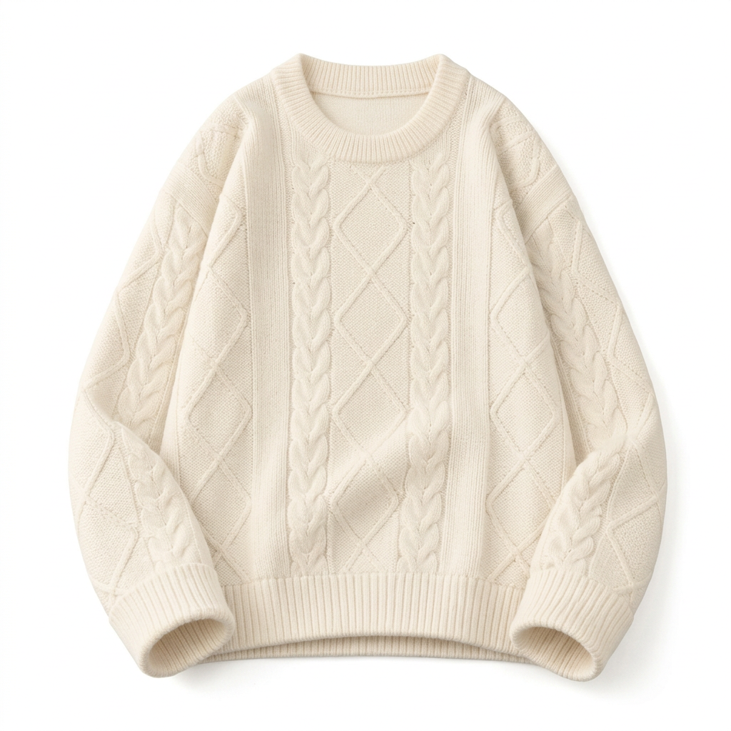 Cream diamond cable-knit crew-neck sweater with long sleeves and ribbed trims